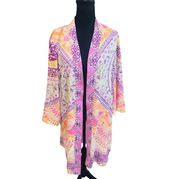 Chicos Duster Boho Multicolor Open Front Kimono Jacket Size 12/14 Gypsy Hippie - Picture 2 of 9